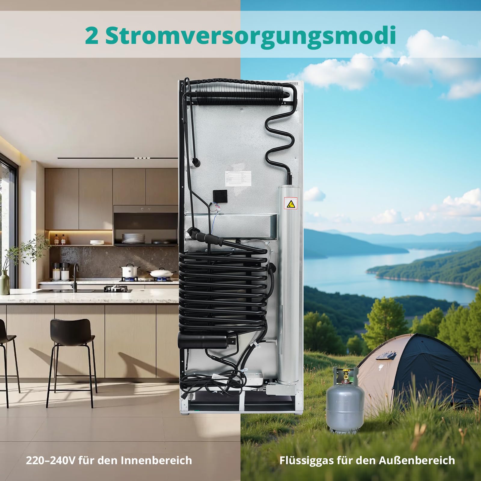 SMETA Gas Kühlschrank mit Gefrierfach 265L, Gas/230V, Kühl-Gefrierkombination für Ferienhaus Gîte Garage Wohnwagen Wohnmobil, Weiß