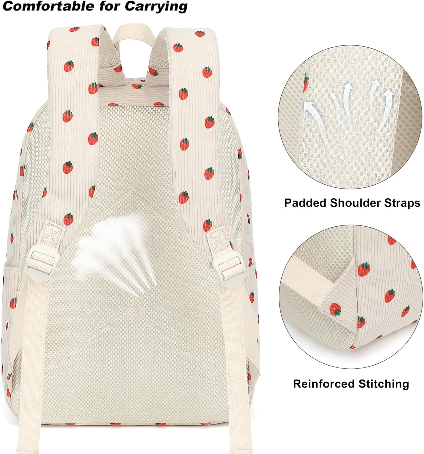 Corduroy Girls Backpack Set, 3PCS School Backpacks for Kids Elementary Middle School Bags with Lunch Box Pencil Case (Beige Corduroy Strawberry) - Image 6