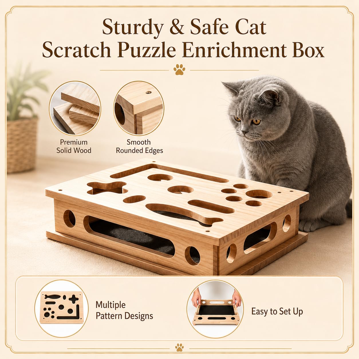 Boîte d'Enrichissement pour Chat, Boîte à griffer en Bois pour Chat, Grand Jouet d'enrichissement, 39 x 30 cm, Jouet Chat Interieur en Bois avec Lime à Ongles, Papier de Verre et 3 balles