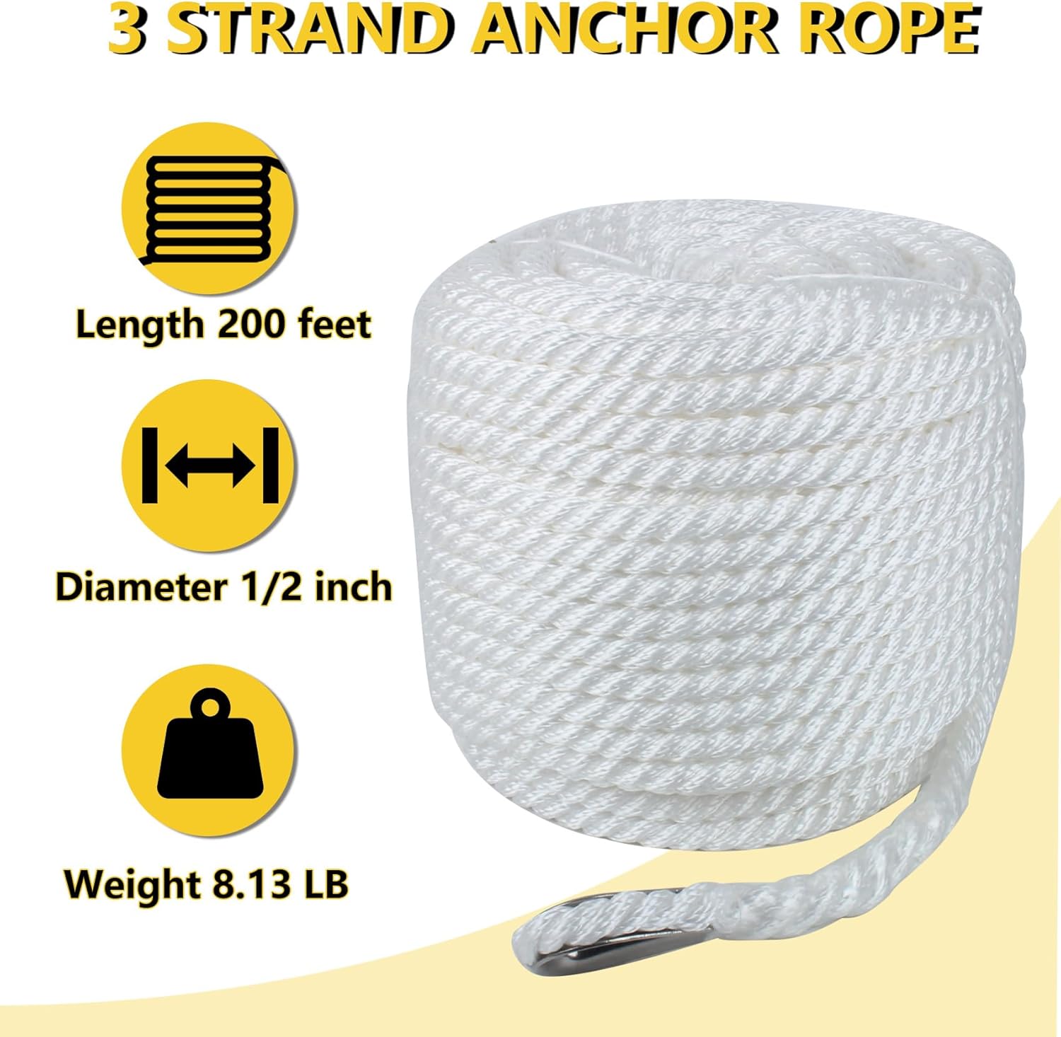 Boat Anchor Rope 1/2 Inch x 200 Feet 3 Strand Twisted Anchor Line Premium Braided Polypropylene Anchor Rope for Yacht, Sailboat, Boat, Docking, Mooring - White