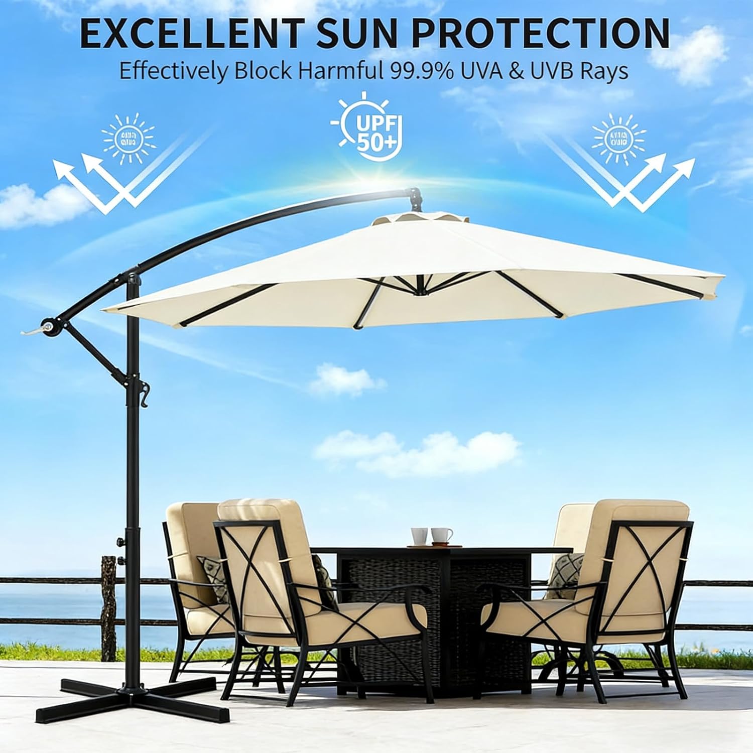 10ft Offset Hanging Market Patio Umbrella w/Cross Base, Outdoor Large Round Aluminum Cantilever Umbrella w/Easy Tilt Adjustment, Fade Resistant Waterproof 8 Ribs Canopy, for Yard, Garden & Dec - Image 3