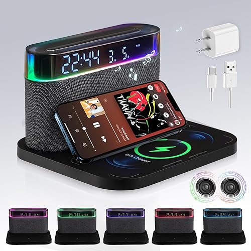 Miniatura 9 de Reloj despertador digital para dormitorios con altavoz Bluetooth, altavoz Bluetooth con carga inalámbrica, brillo de 3 niveles y luz colorida,