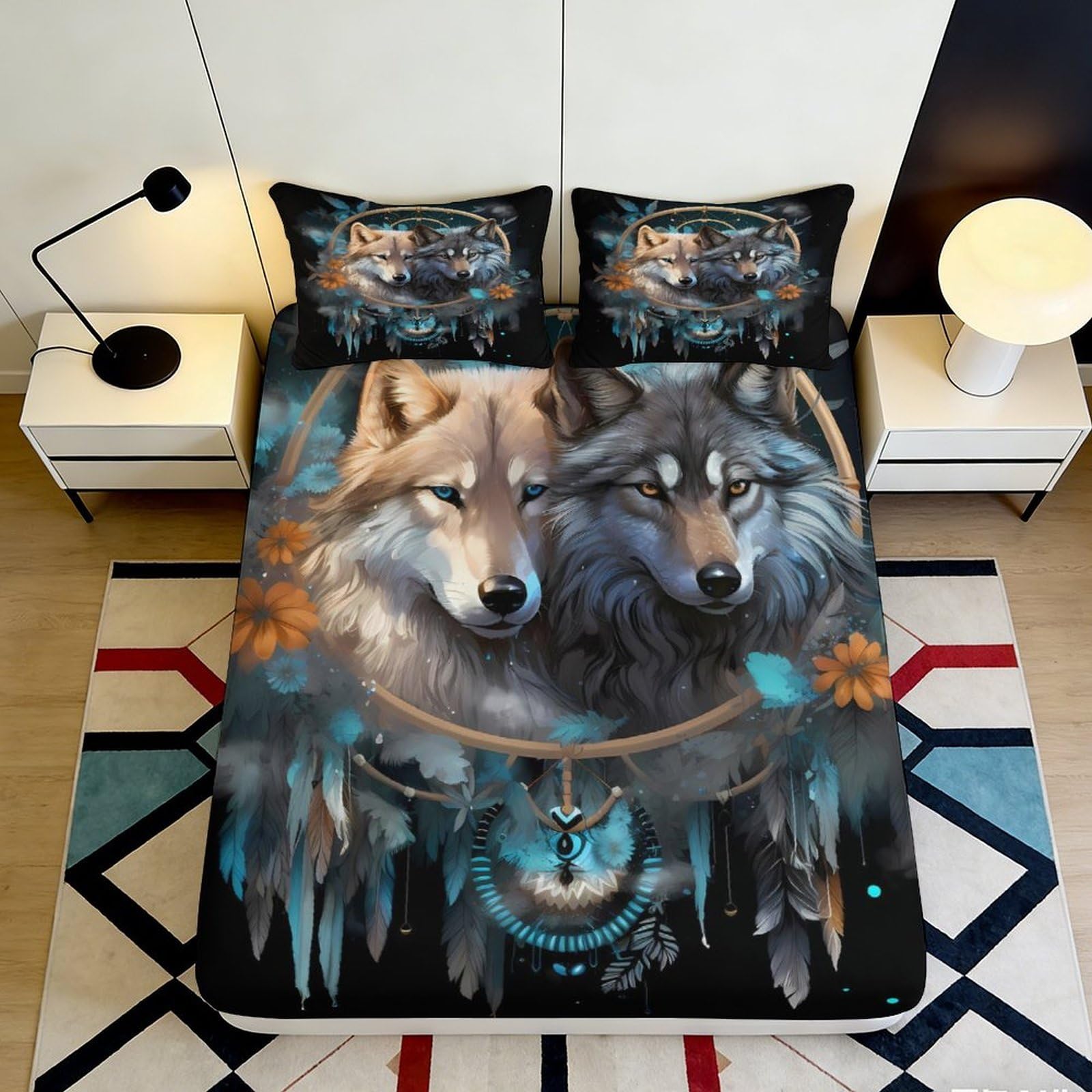 3D Printed Wolf Dreamcatcher Fitted Sheet Microfiber Soft Non-slip Mattress Cover for Bedroom Dorm Dustproof Decor 180x200x25cm