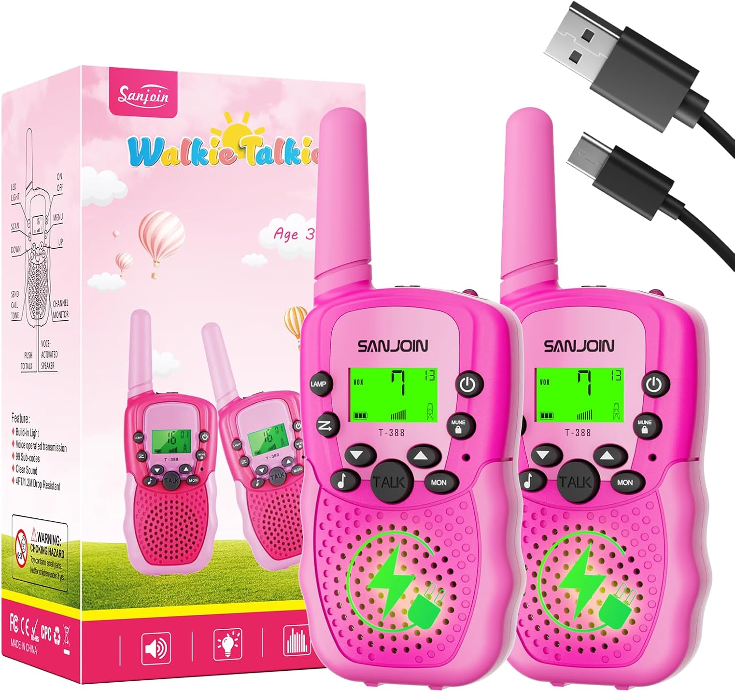 SANJOIN Kids Rechargeable Walkie Talkies, Outdoor Toys for Girls Boys Ages 4-6, Pink Walkie Talkie 2000 mAH Last 3-4 Days for Outdoor & Camping, Birthday Gifts for Girls 3 4 5 6 7 8 9, Ages 7-12