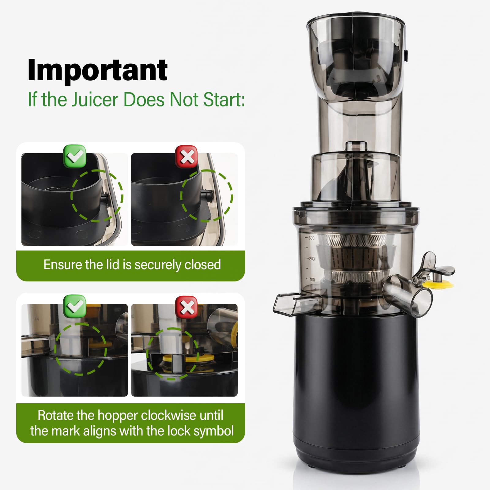 Slow Juicer 500W mit 170mm XXL Einfüllöffnung, Elektrischer Entsafter Kaltpress, BPA-frei, 3-Fach-Filtersystem, Leiser Obst- & Gemüseent­safter, Einfach zu Reinigen, Mit 2 Gläsern & Bürste