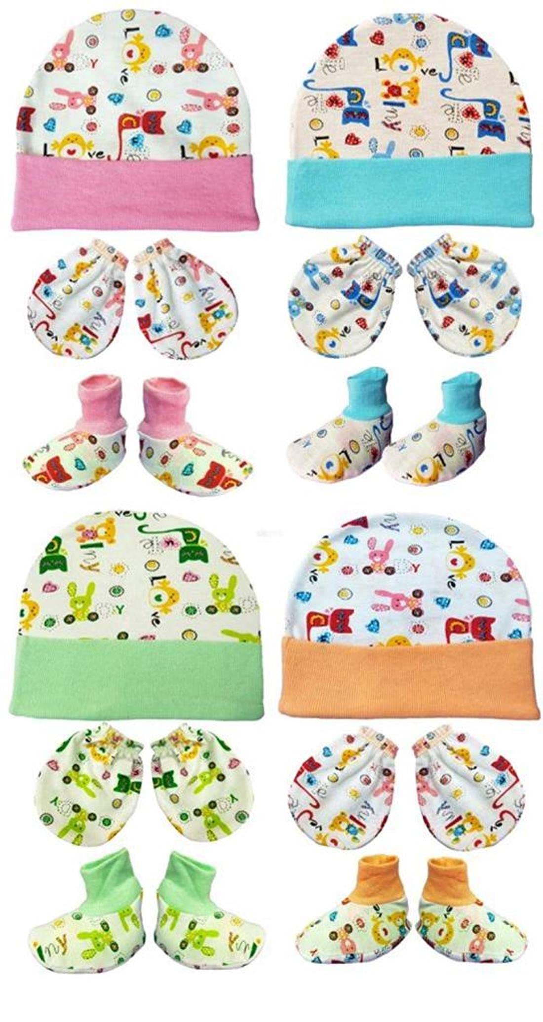 First Kick Newborn Baby's Cotton Mitten Set, Cap and Gloves Set - Multicolor - 0-6 Months - Pack of 4