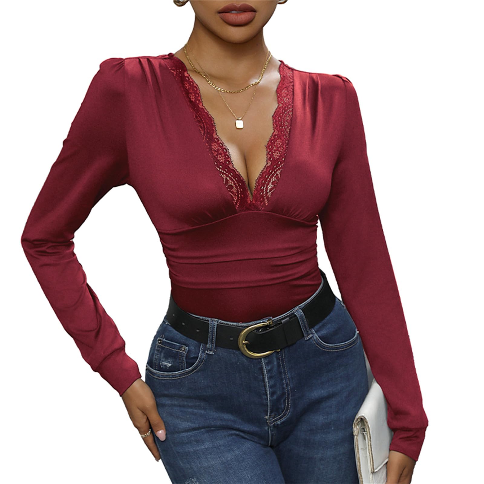 Daysskk Body da donna in pizzo a maniche lunghe con scollo a V sexy, Rosso vinaccia, S