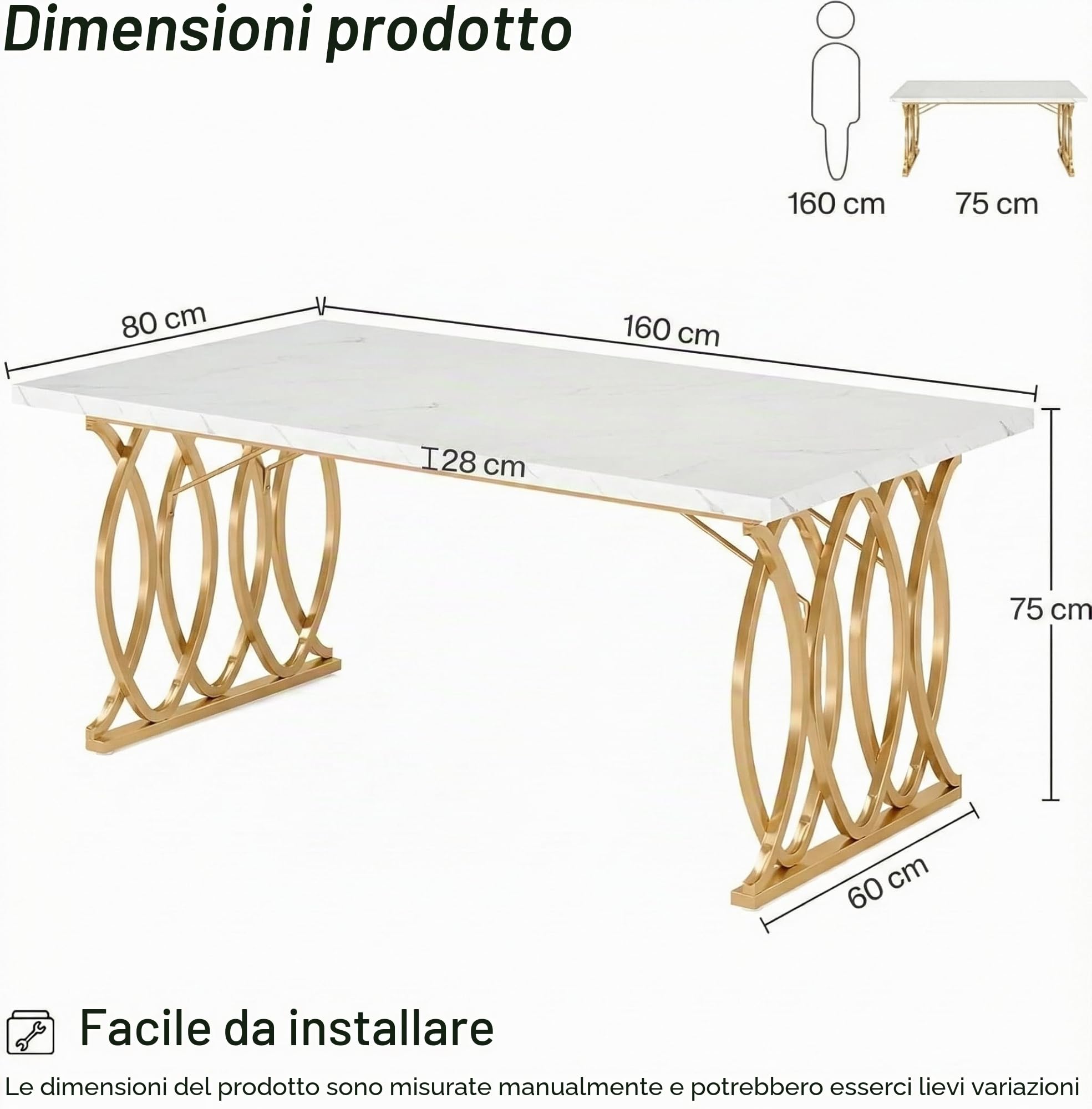 Lailang 160cm Tavolo da Pranzo, Mobili Soggiorno, Angolo Caffe Cucina, Tavolo Effetto Marmo, Tavolo Ufficio Riunioni, 160 x 80 x 75 cm, Bianco e Oro