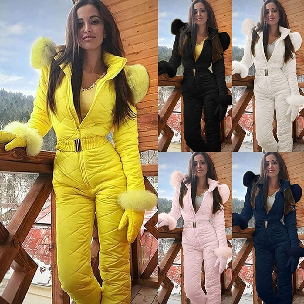 Combinaison de Ski pour Femme Une Pièce Combinaison de Neige Chaude Combinaison de Ski Hiver Imperméable Veste de Snowboard Longue Combinaison de Ski pour Sports de Neige Capuche en Plein Air
