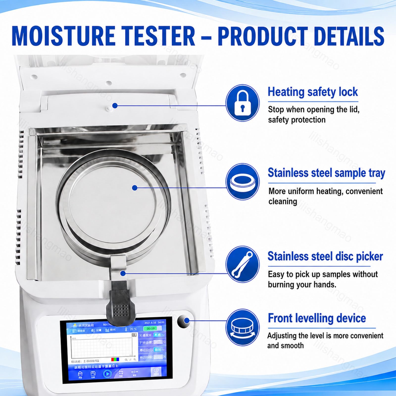 Balanza analizador de humedad, capacidad de 120 g, legibilidad del 0,01%, pantalla táctil de 5 pulgadas, temporizador, interfaz RS-232 para laboratorio y control de calidad