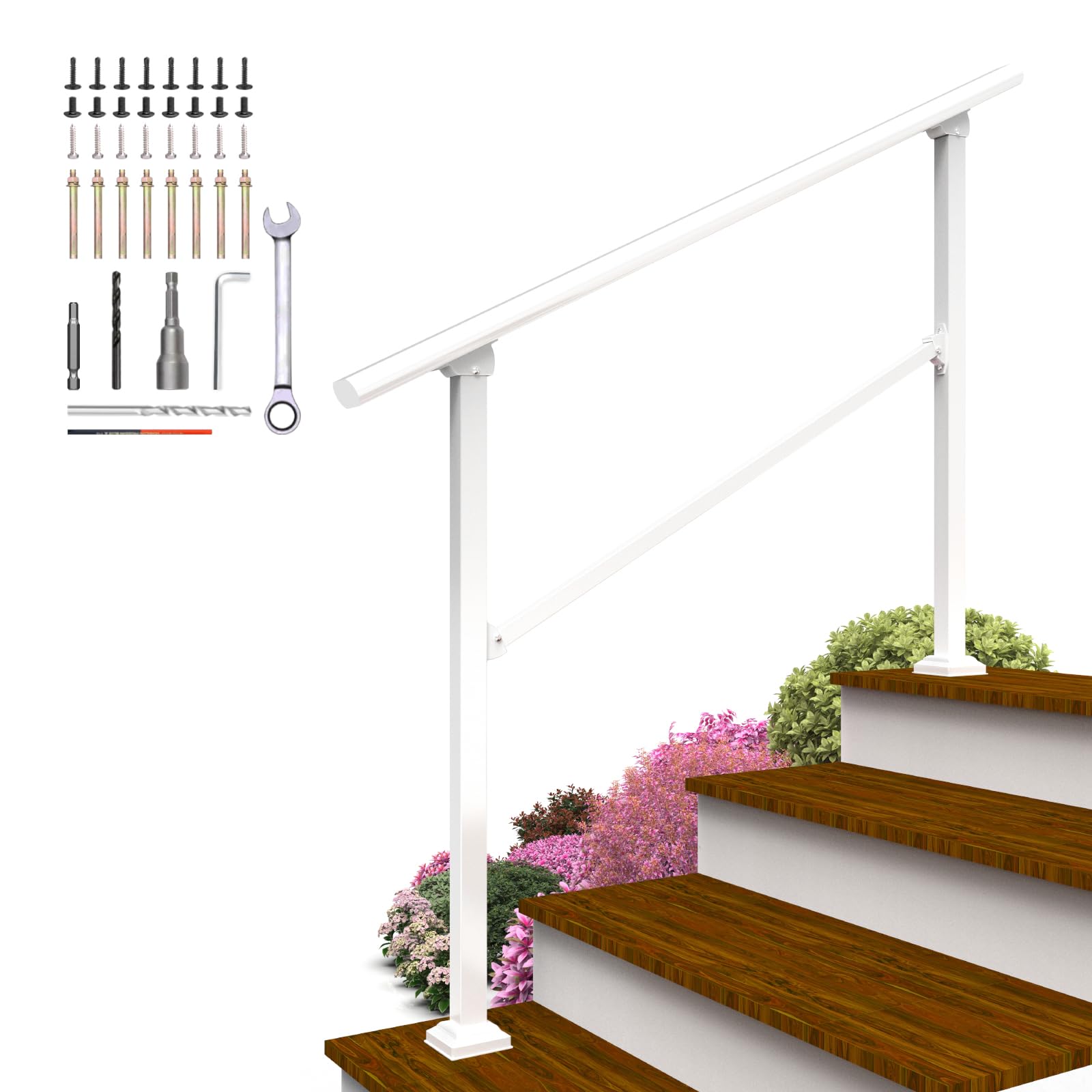 Hand Rails for Outdoor Steps,4 Step Railings for Outdoor Steps,Handrails for Outdoor Steps,Porch Handrail Kit White for Concrete,Brick,Wood Steps