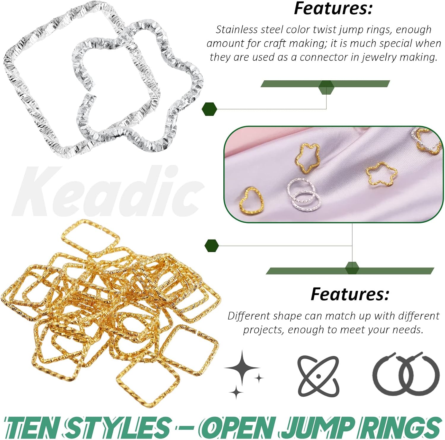 Keadic 400 Pcs 4 Sizes 12 15 16 18mm Open Jump Rings Assortment Kit, Twisted Flower/Heart/Square/Water Drop/O Ring Jewelry Making Findings for DIY Bracelet Necklaces Earring (Golden and Silver)