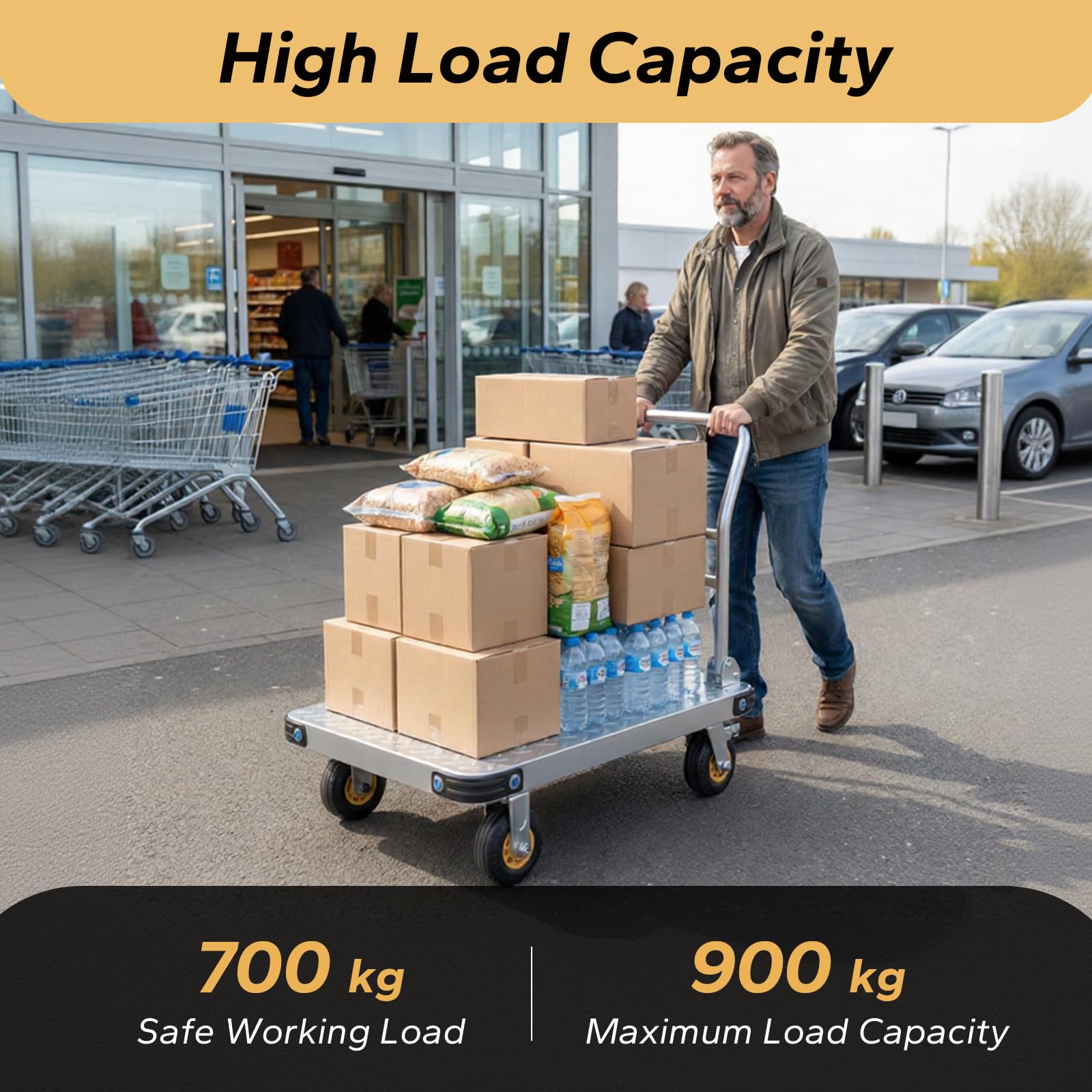 Klappbarer Plattformwagen 900 kg Traglast, Transportwagen mit 12,7 cm Bremsrädern, 91x60 cm Rollwagen Klappbar für Lager, Möbel & Haushaltsgeräte, Silber