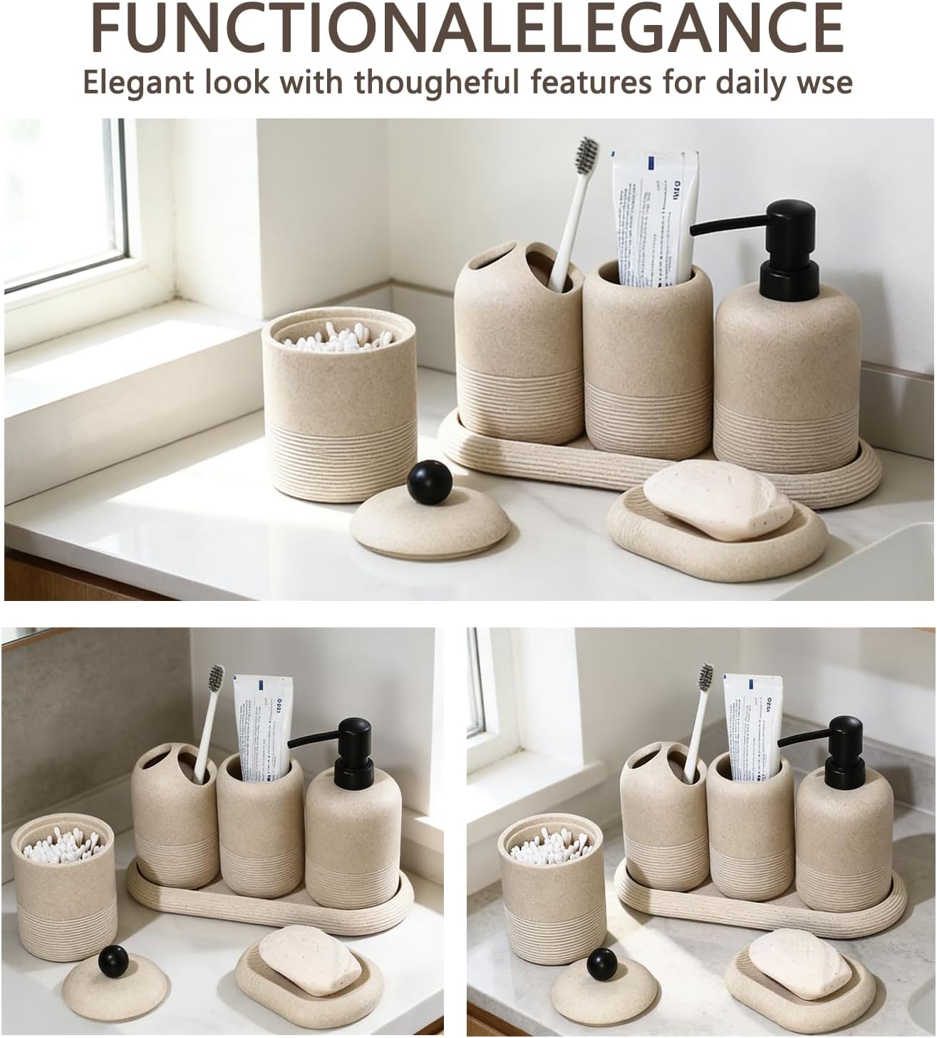 6-Piece Resin Bathroom Accessory Set, Including Soap Dispenser, Toothbrush Holder, Water Cup, Makeup Tray, soap Dish, and Cotton Swab Holder, Ideal for Home Organization and Decoration (Beige)