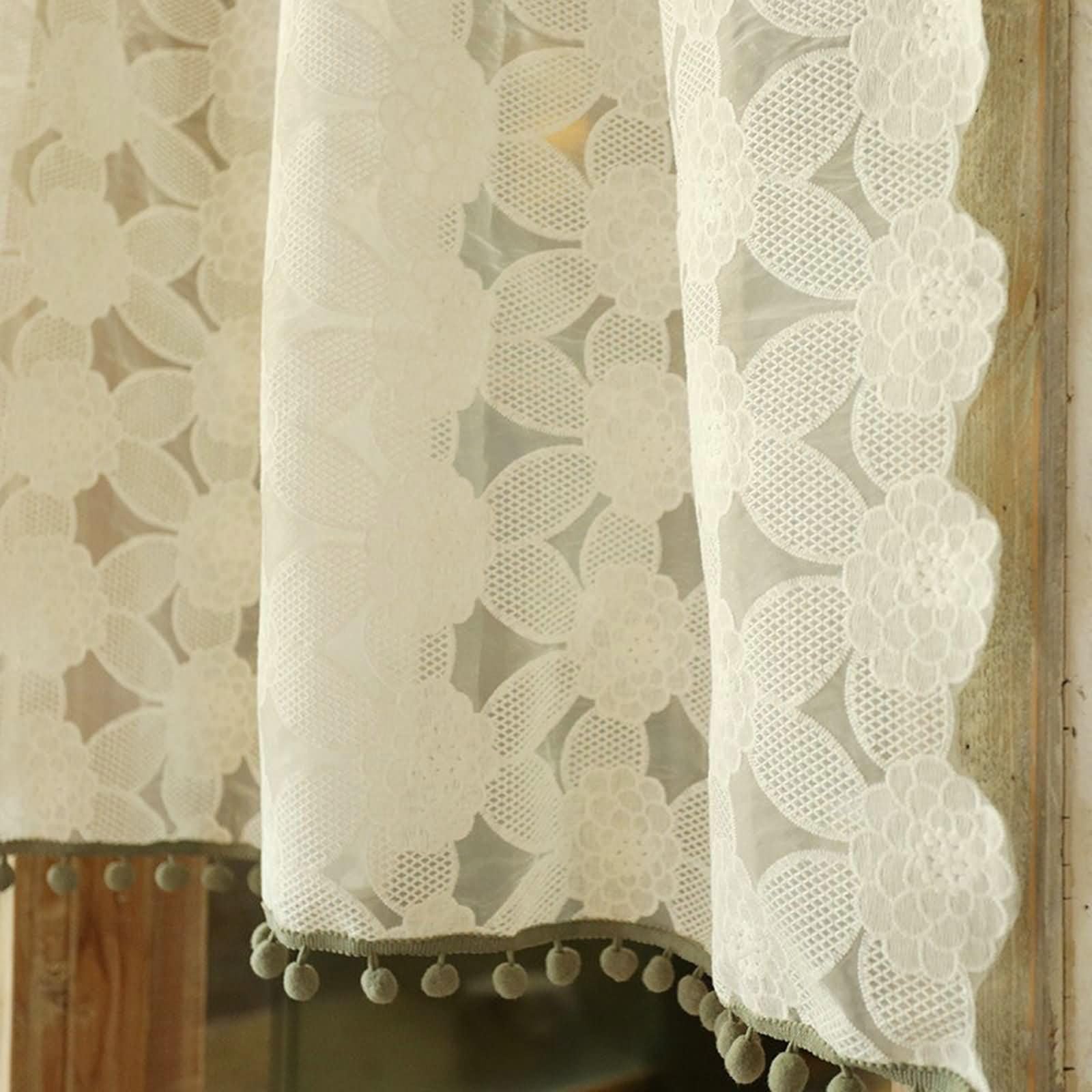 Zazdrostki zestaw 1-częściowy, do salonu, 1 x 125 x 140 cm (wys. x szer.), białe, haftowane koronkowe wzory kwiatowe z frędzlami, z frędzlami