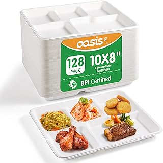 𝟭𝟬𝘅𝟴", 𝟭𝟮𝟴-𝗣𝗮𝗰𝗸 5-Compartment Disposable Paper Plates, 𝗦𝗺𝗮𝗹𝗹 Compostable Heavy-Duty Disposable Divided Plates for Meal Prep, School Lunches & Party Buffets (BPI Certified)