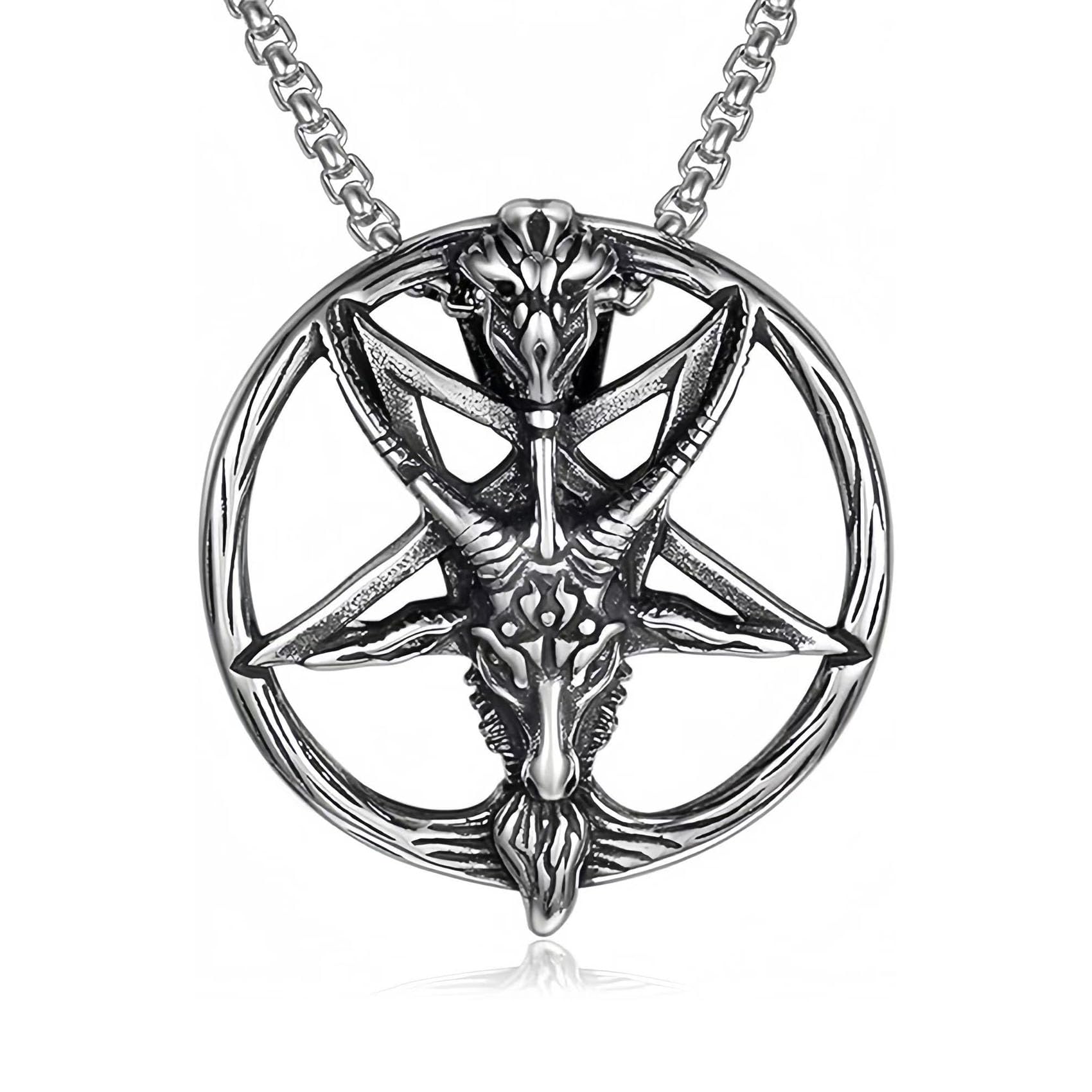 ViskmdiSatanic Necklace Gothic Mens Stainless Steel Necklaces Both Sided Round Devil Lucifer Necklace Baphomet Pendant Church Talisman Jewelry for Men