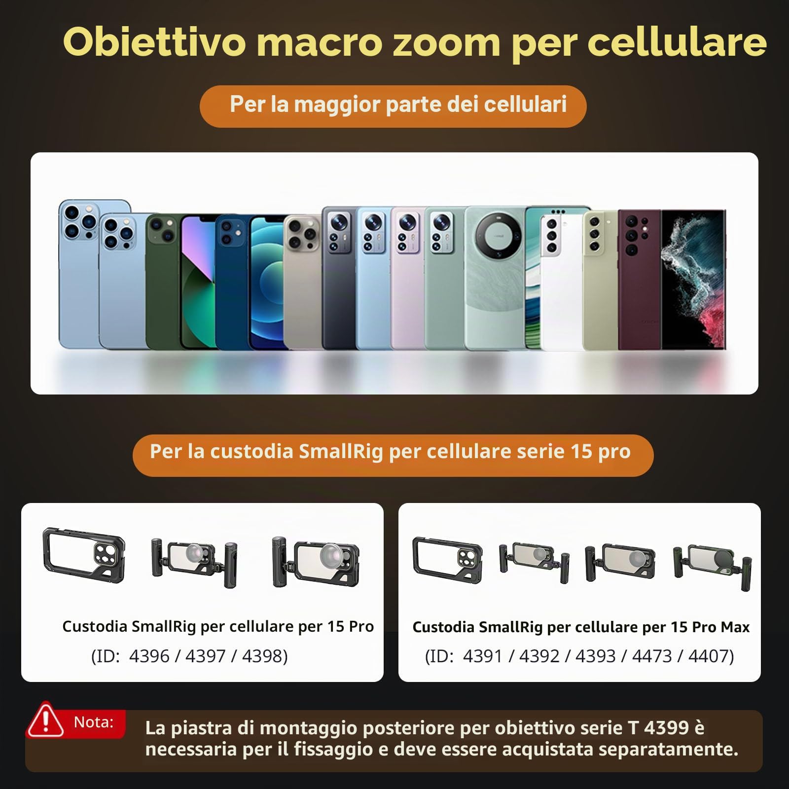 SMALLRIG Obiettivo Macro HD Master da 75 mm, Obiettivo con Attacco a T per iPhone, per Samsung, per HUAWEI, per Xiaomi, Attacco Obiettivo per Fotocamera Macro per Telefono - 4588