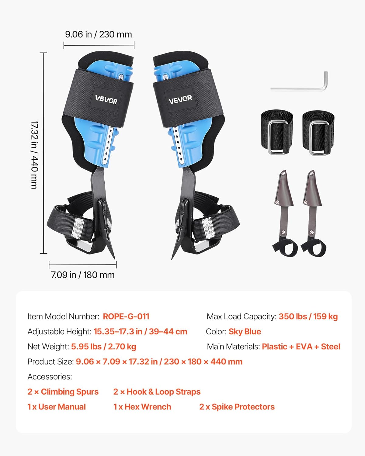 VEVOR Tree Climbing Spikes, 1 Pair Height-Adjustable Climbing Spurs, 350lbs Load Capacity Tree Climbing Gear with Straps, Arborist Equipment for Climbers, Hunting, Fruit Picking