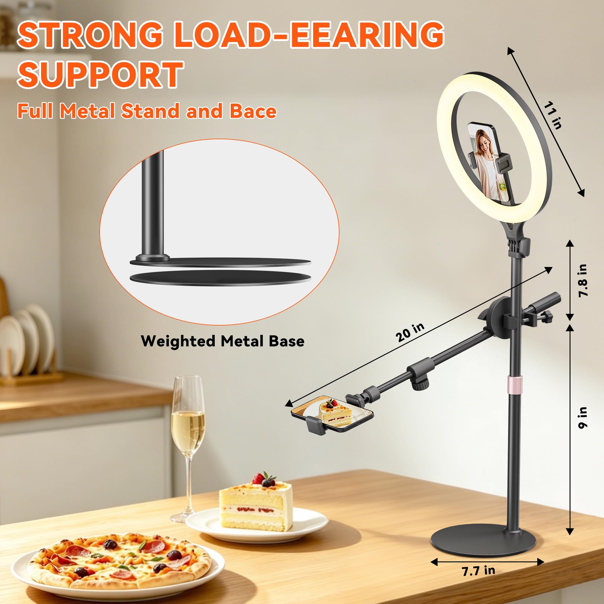 Luce ad anello da scrivania da 28 cm con supporto, supporto per telefono per fotografia alimentare, registrazione video, riunioni zoom, YouTube, TikTok