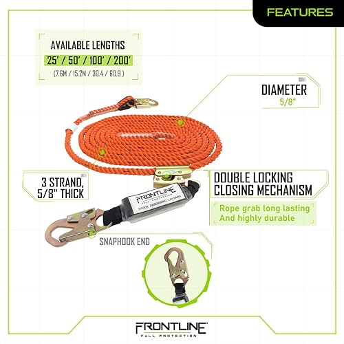 Miniatura 3 de Frontline VLP100R3L - Línea de vida vertical prémium con agarre de cuerda abierta de 100 pies y paquete de choque, material de poliéster de alta