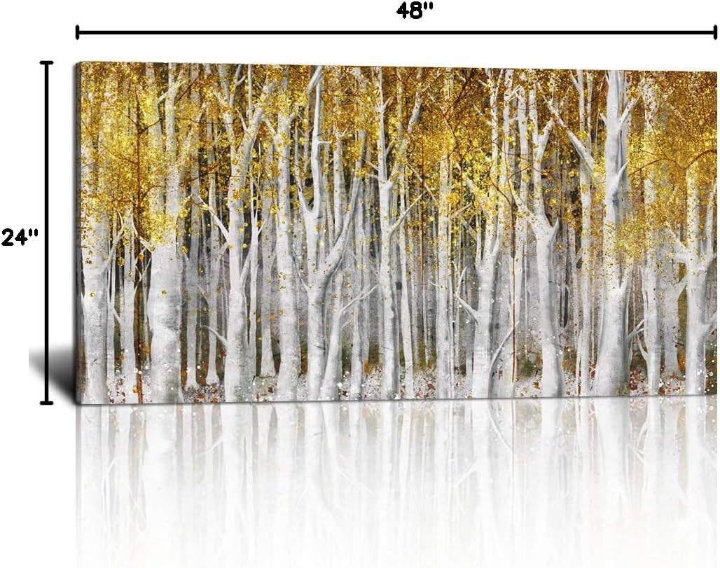 KLVOS Yellow Tree Forest Fall Wall Art for Living Room Golden Birch Landscape Picture Print on Canvas Modern Plants Framed Artwork Decoration for Home Bedroom Decor Ready to Hang 24x48 inch (Yellow)