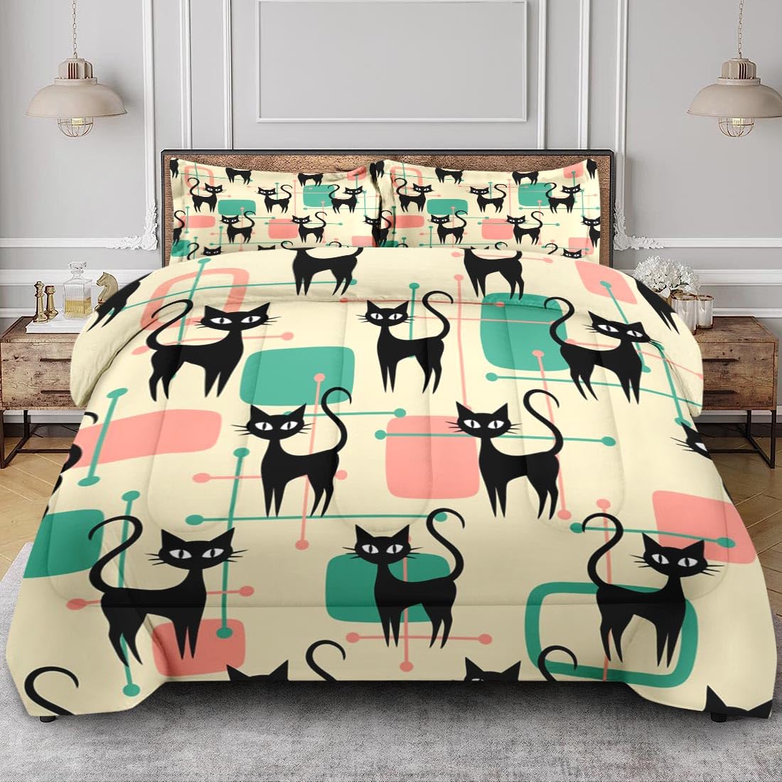 Nesphy Mid Century Colorful Cat Queen Comforter Set, Atomic 50S Retro Bedding Set 3 Piece, All Season Soft Children Adults Bedroom Bed Decoration