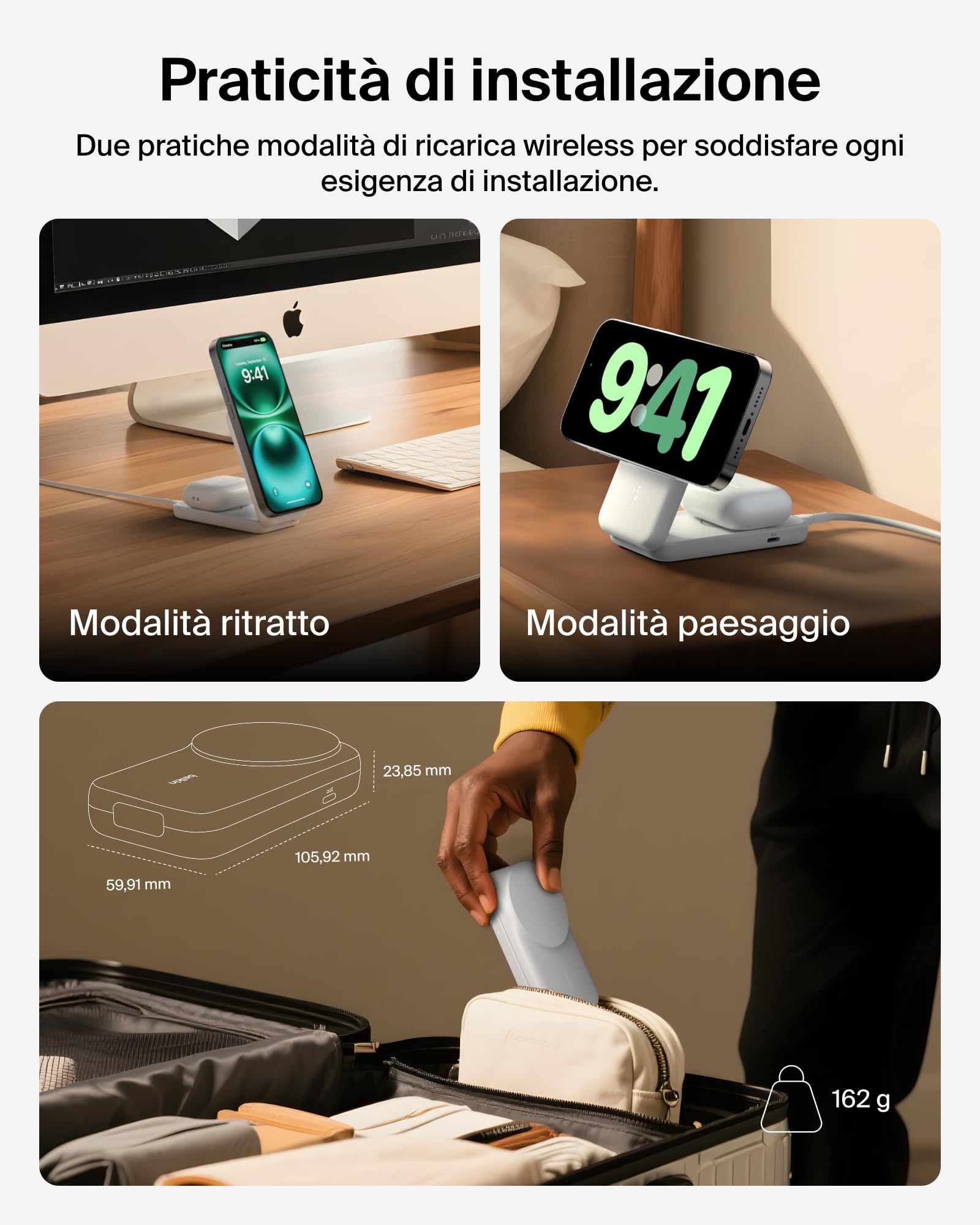 Belkin UltraCharge Caricatore iPhone Qi2, Stazione di Ricarica Wireless 2 in 1 25W, Caricatore Wireless Compatibile con MagSafe per iPhone, AirPods, Pixelsnap con Porta USB-C e Adattatore 45W, Bianco