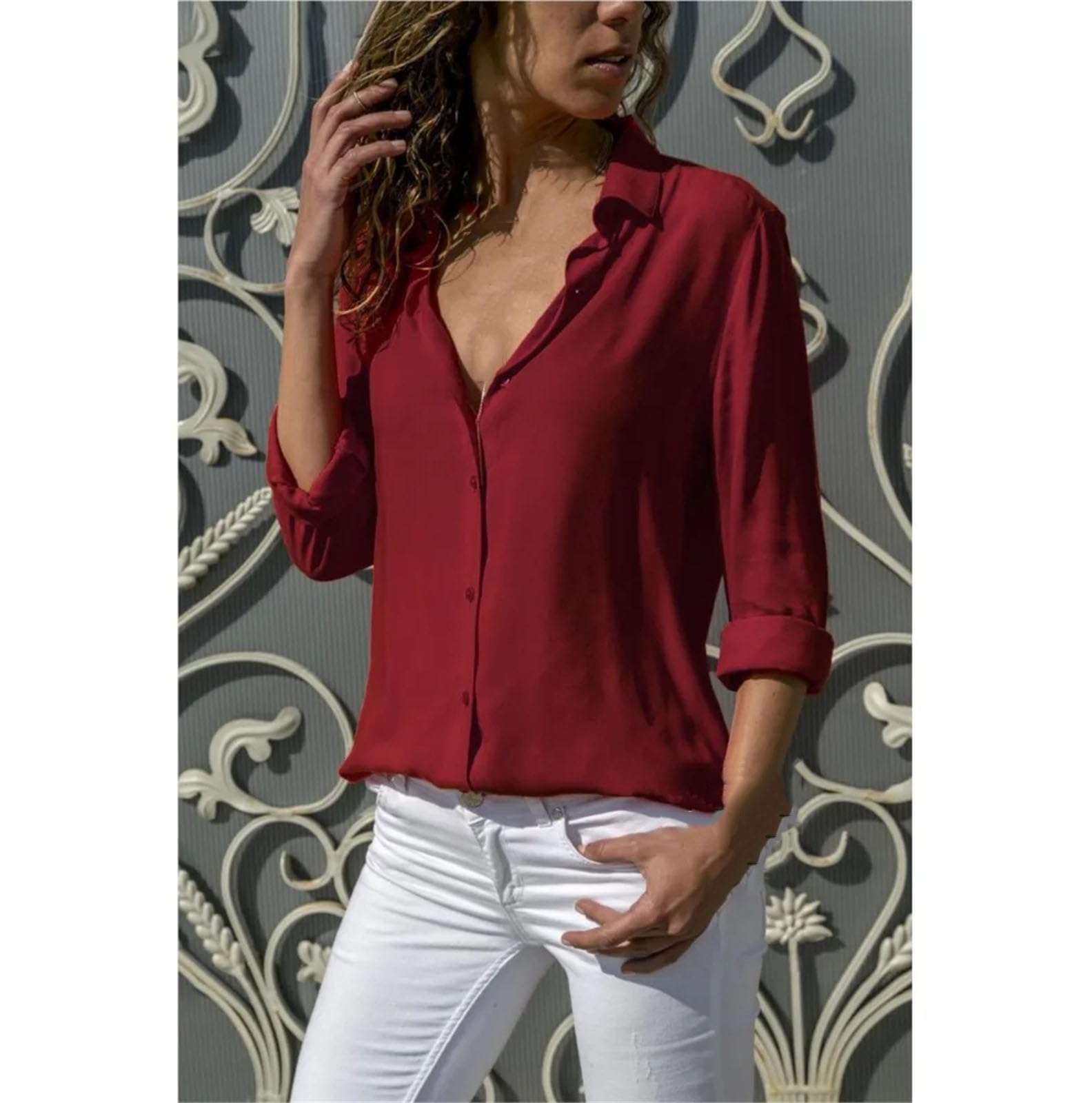Camisa de primavera para mujer, informal, de manga larga, con botones, color liso, para oficina, color blanco
