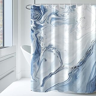 AWERT Blue Marble Shower Curtain - Waterproof for Bathroom Decor, Printed Washable With Hooks, 72x72 Inch