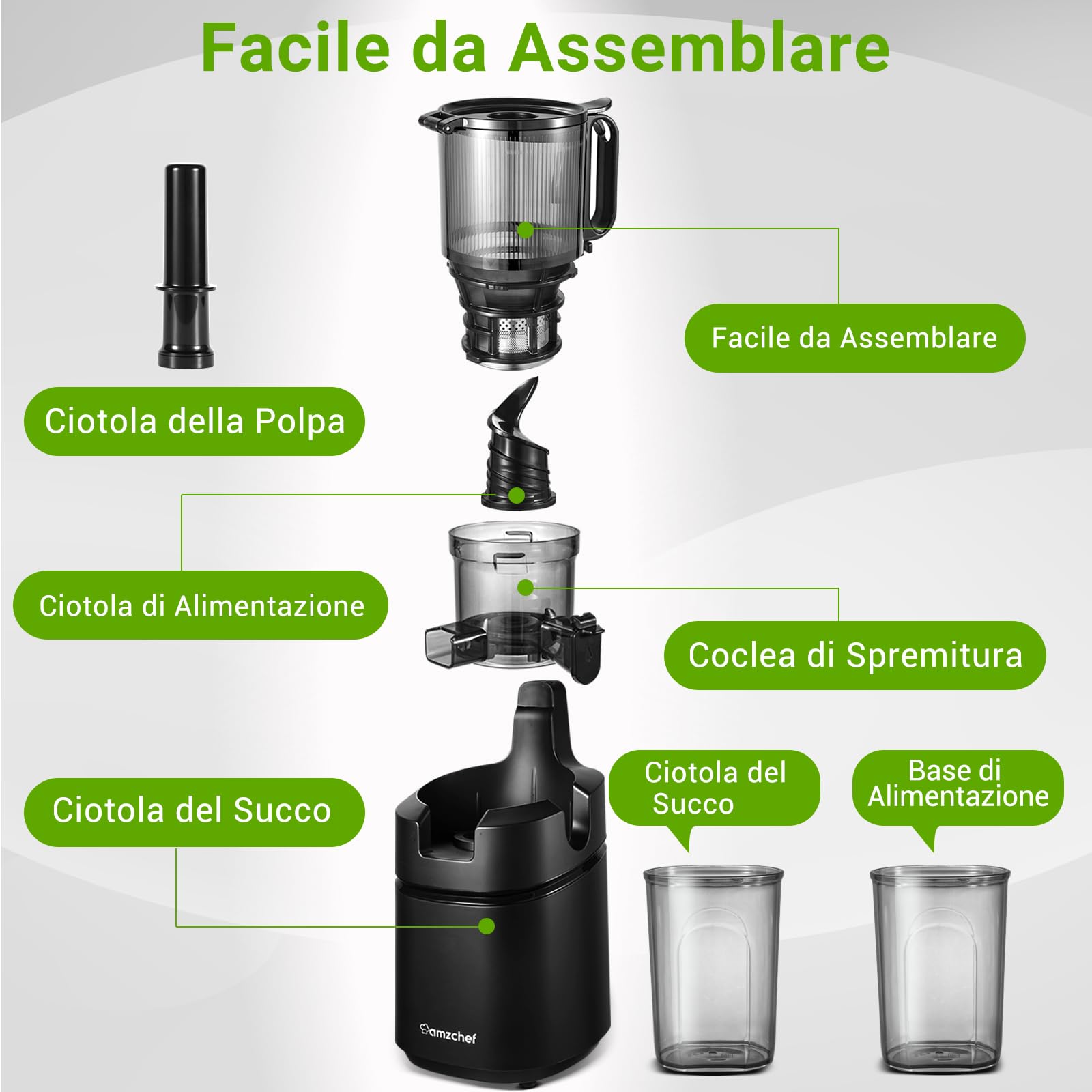 AMZCHEF Estrattore Automatico, Apertura 135MM e Capacità 1,8L Estrattore Frutta e Verdura Intera, 250W Estrattori di Succhi Professionale con Triplo Filtro - Nero