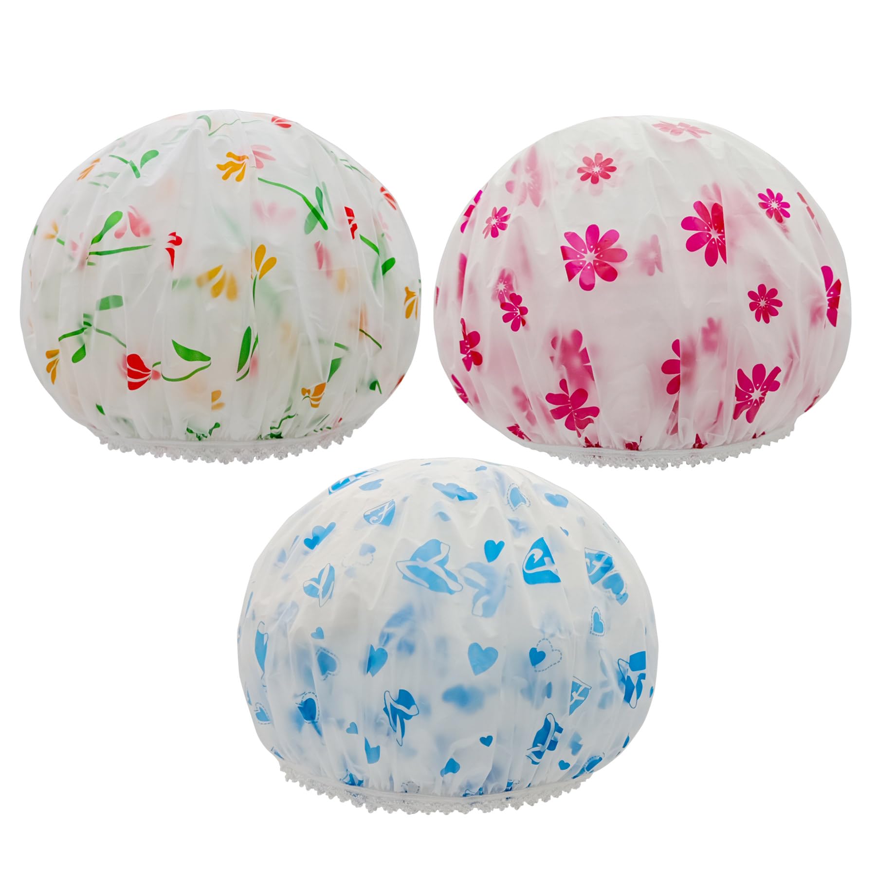AIMI Shower Caps 3 Pack Waterproof Bath Caps Plastic Reusable Shower Hair Elastic Band Bath Hair Hat Stocking Stuffers Hair Wrap for Women Ladies Spa Salon Home Travel