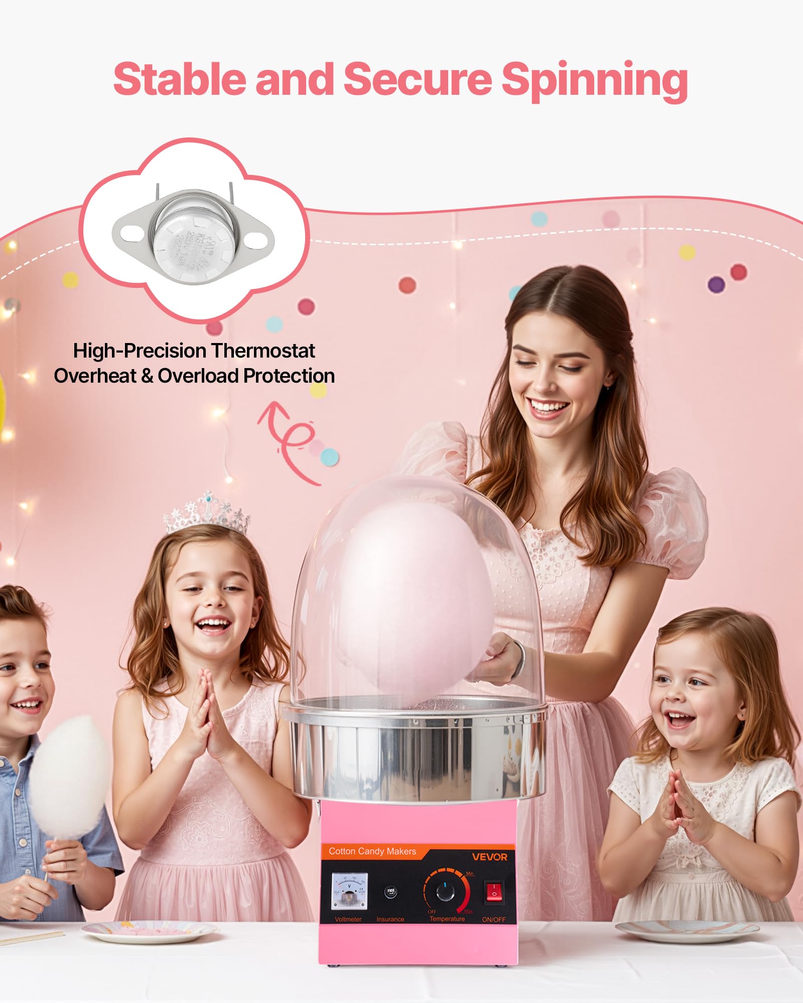 VEVOR Machine à Barbe à Papa Électrique de 1000 W, Appareil à Barbe à Papa avec Couvercle Transparent, Bol en Inox et Cuillère à Sucre, pour Faire des Bonbons Fêtes Anniversaires Maison, Rose