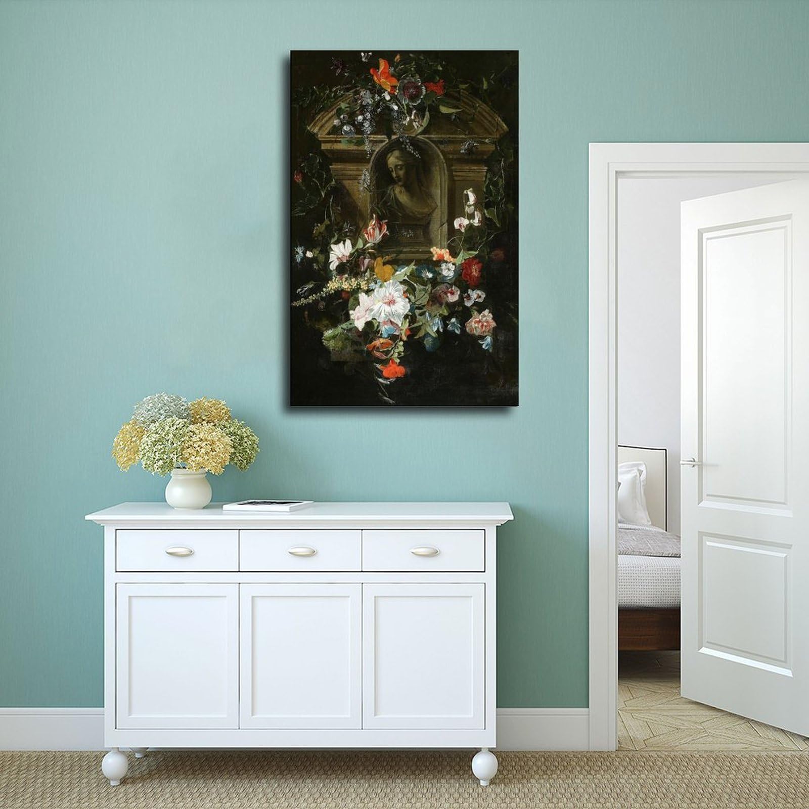 Poster su tela con busto di donna in cerchio di fiori (1658) per camera da letto, decorazione regalo
