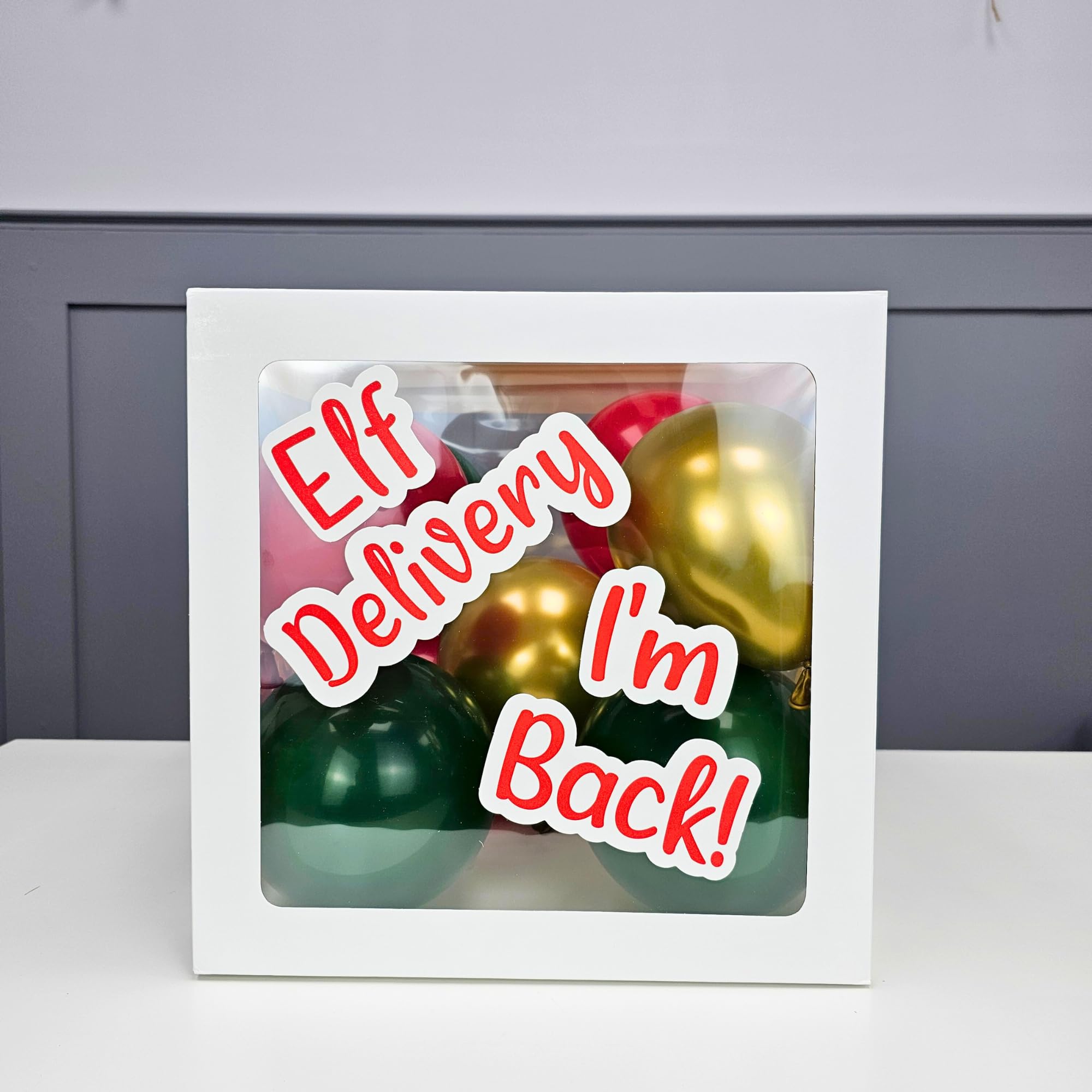 2025 Christmas Elf Arrival Balloon Box Kit with Red, Gold & Green Balloons + Cards To Decorate the Box - Elf is Back - Elf Arrival Decorations - Image 3