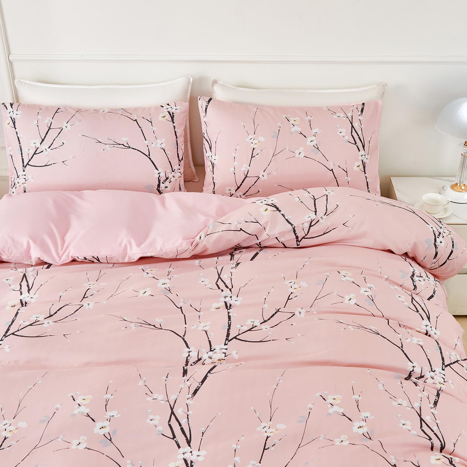 Juego de Funda Nordica Floral Cama 135/150 Patrón de Flores y Ramas Funda Edredon 220x240 cm y 2 x Fundas de Almohada de 50x75 cm Fundas Nórdicas Floral Suave 100% Microfibra, Rosa