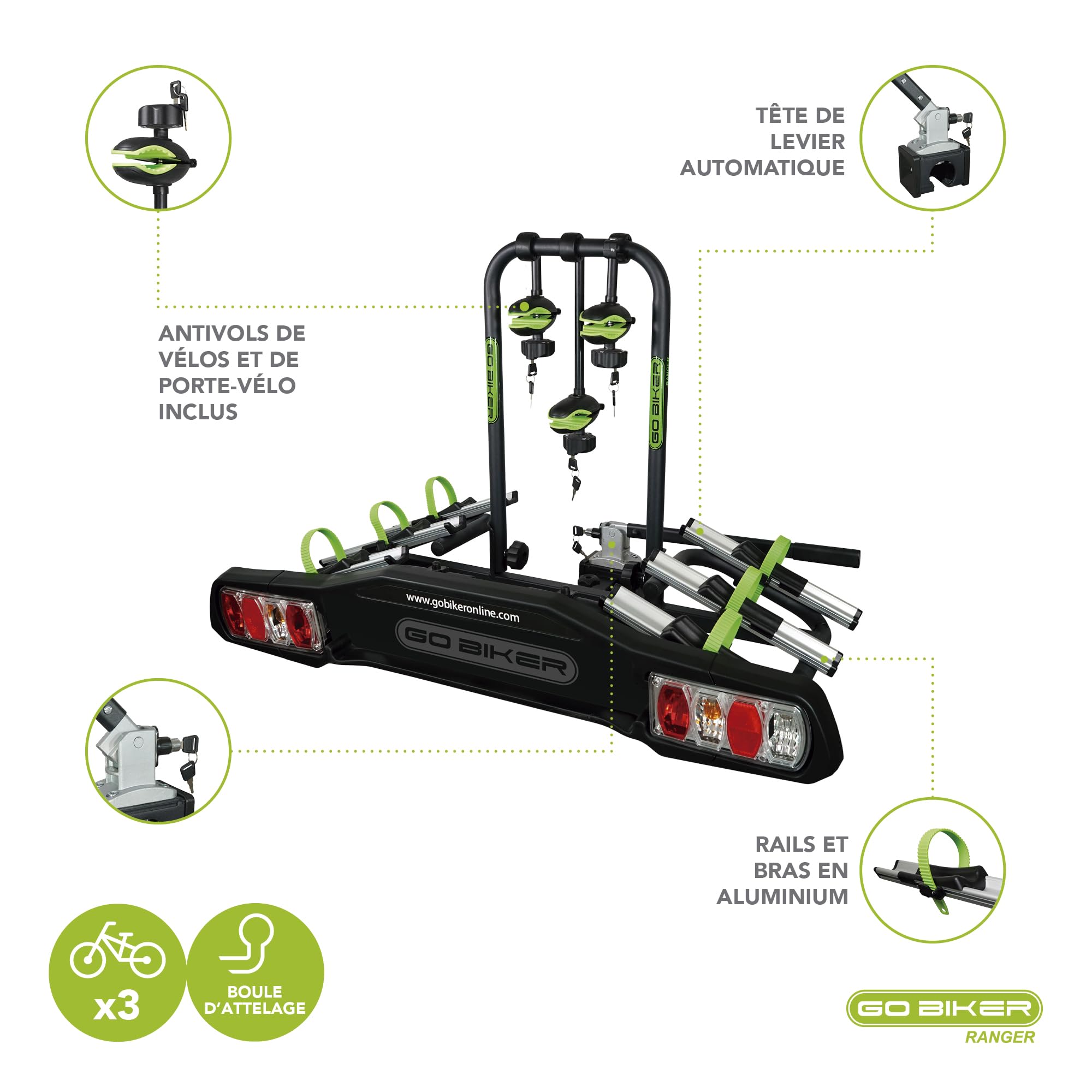 Ranger Porte-vélos pour 3 vélos - Attelage - Supporte 15kg par Rail - Châssis Acier/Aluminium - Bras Ajustables - Double Système de Sécurité