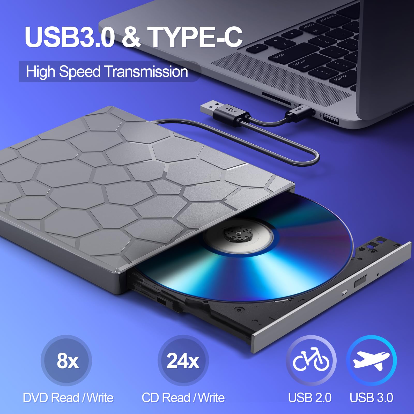 BPAKDU Lecteur CD/D1VD externe pour ordinateur portable, lecteur DVD pour ordinateur portable, 8 en 1 USB 3.0 ultra fin portable (gris métallisé)