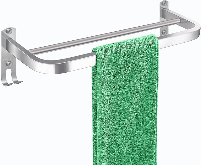 DDS-DUDES Bath Double Towel Rails Bathroom Towel Holder Bar Self Adhesive or Wall Mounted Stainless Steel Towel Rack Hanger with Hooks Dual Towel Rod Shelf in Kitchen 16 inch