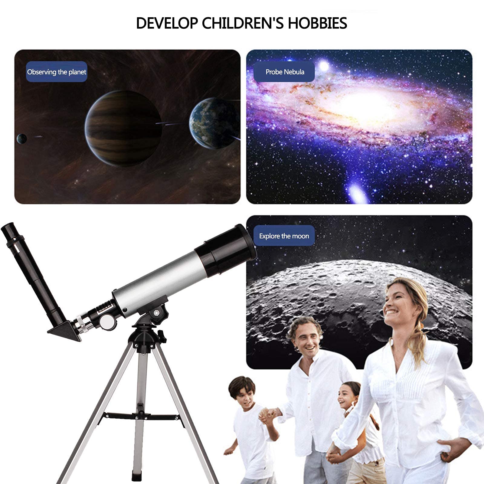 Teleskop astronomiczny dla dzieci, optyczne teleskopy refraktorowe z tubą 360/50 mm, luneta monokularowa dla początkujących dla dzieci na zewnątrz, ze statywem i celownikiem + przedłużacz