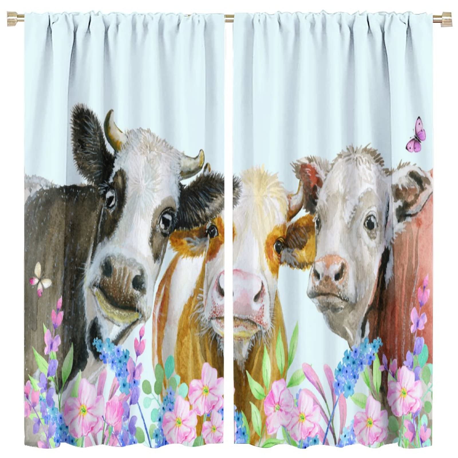 JESTRONRY Farmhouse Cow Curtains,Funny Farm Animal Cow and Flowers Print Rod Pocket Window Treatments Curtains for Living Room Bedroom Kitchen W63xL63in