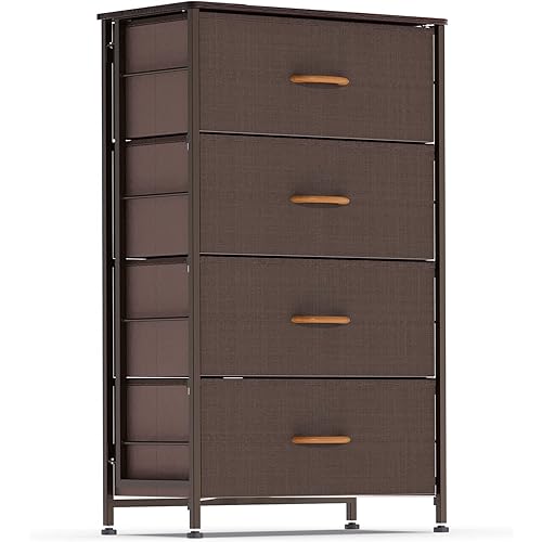 DHMAKER Fabric Dresser for Bedroom, Vertical Dresser Storage Tower, Steel Frame, Wood Top, Easy Pull Textured Fabric Bins, Organizer Unit for Bedroom, Hallway, Entryway, Closets, 4 Drawers, Coffee