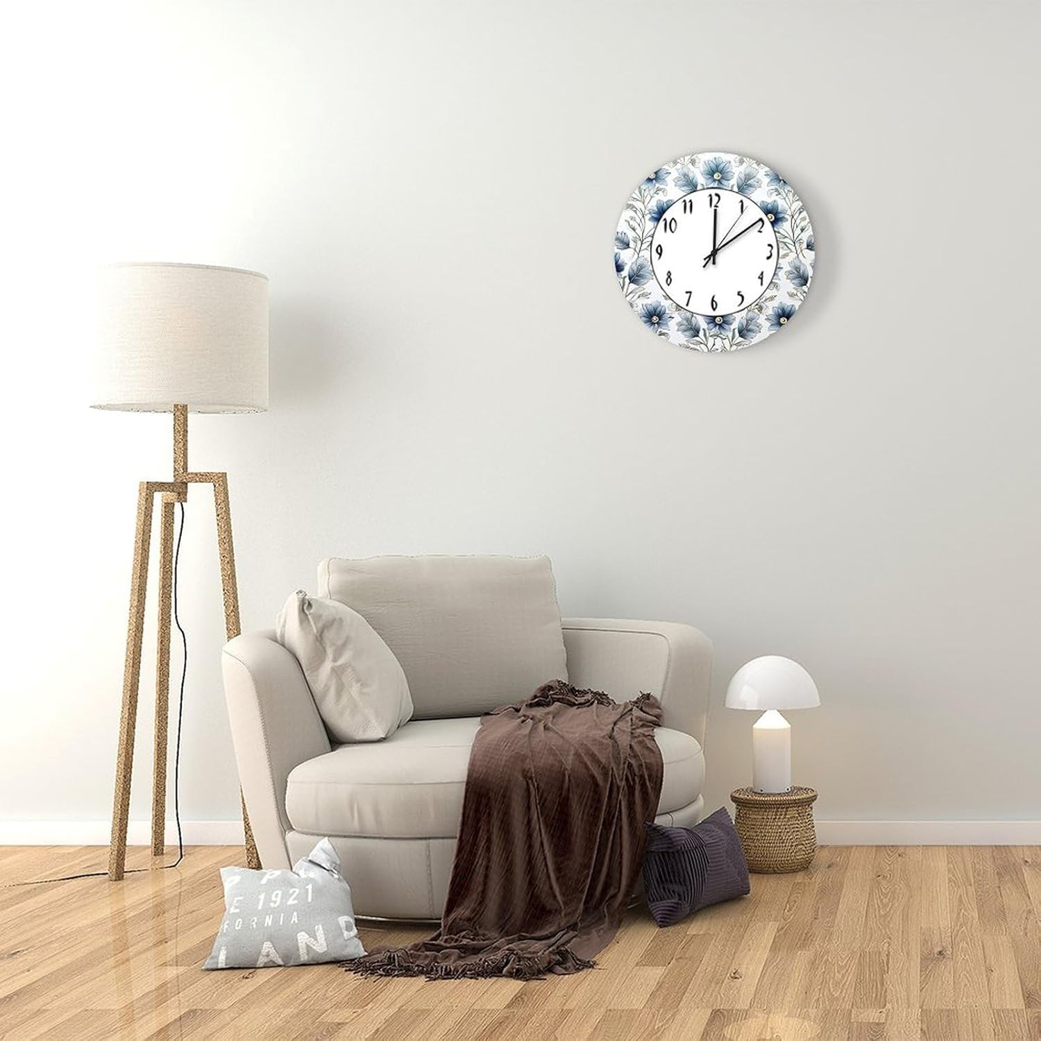 Funny Farmhouse Round Wooden Clock 12in,Blue Floral Silent Non-Ticking Battery Operated Wood Wall Clock for School Classroom Nursery Cafe Bar Pub Home Decor