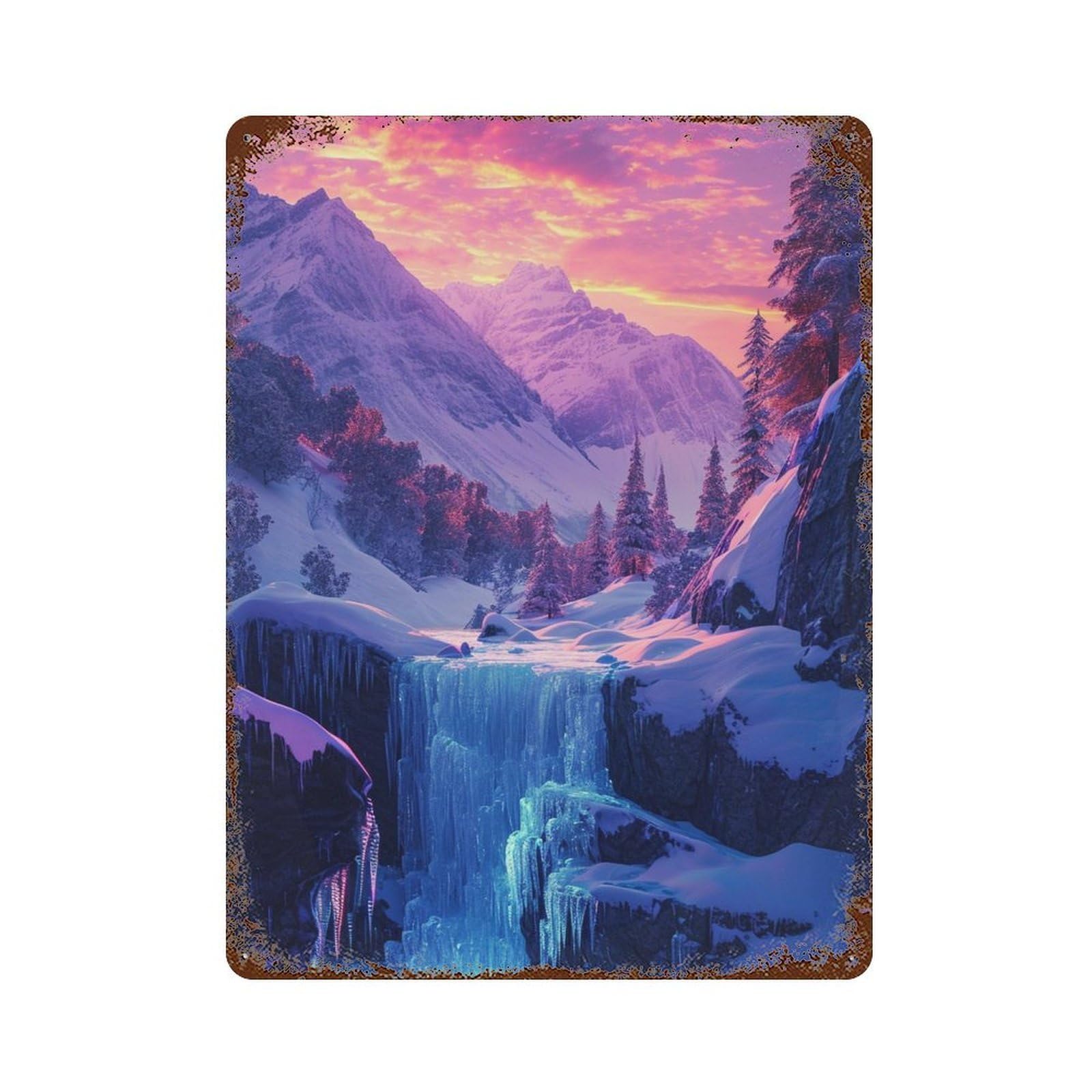 Rust Effect Frosty Mountain Waterfall Sunset Vintage Rust Metal Sign 15.7"x11.8", Decorative Metal Wall Art for Shed, Workshop And Garage Wall Decor