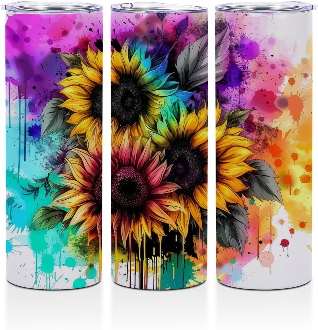 Watercolor Sunflower 20 oz Skinny Tumbler Stainless Steel Slim Insulated Tumblers Straight Water Bottle Coffee Mug Thermal Travel Cup with Lid, Christmas Birthday Sunflower Gifts for Women Friends