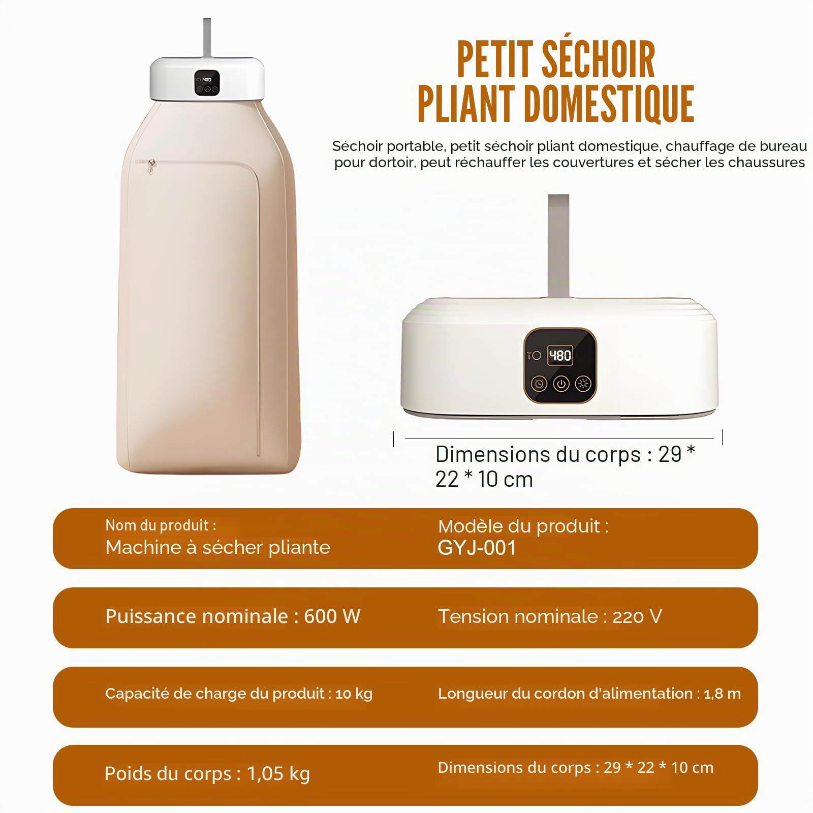 Sèche-linge portable - Petit séchoir à pompe à chaleur électrique avec télécommande - Minuterie de 1 à 8 heures - Arrêt automatique - Sèche-linge pliable - Mini sèche-linge pour appartement, voyage