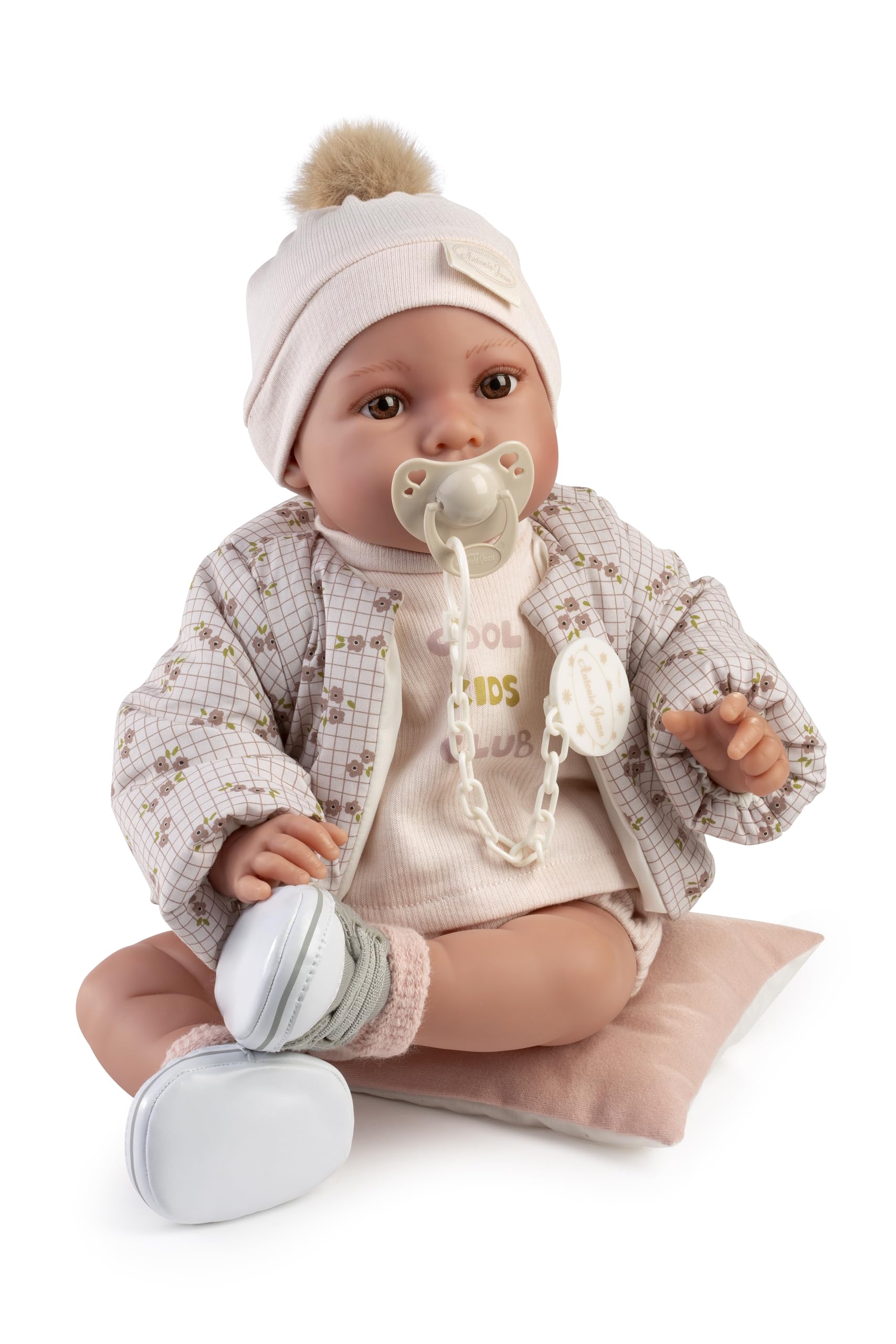 Muñecas Antonio Juan Recién Nacida Erika Bomber, 42 cm, Cuerpo Blandito con Tacto Suave, Incluye Chupete con Cadena y Manta, Vestido Completo con Gorro Pompón