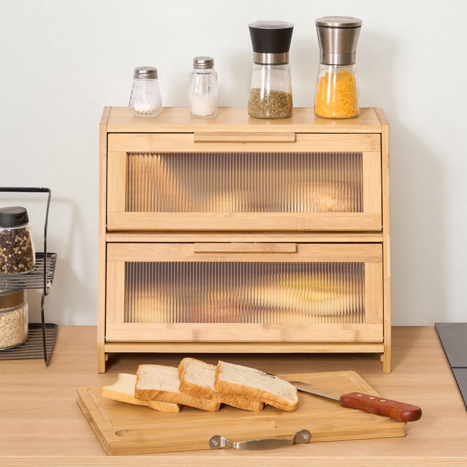 VEVOR Contenitore per Pane a Doppio Strato per Bancone della Cucina 390 x 260 x 320 mm Contenitore per Pagnotta in Legno di Bambù per Pane Fatto in Casa, con Pannello Porta in Acrilico Ondulato