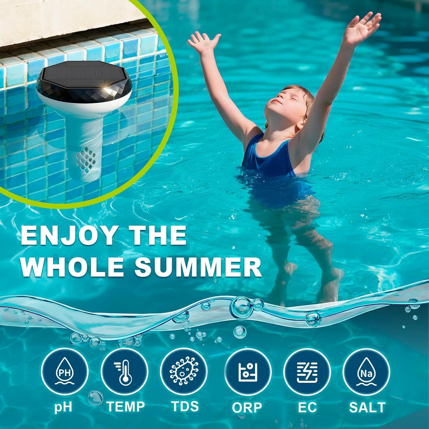 Testeur Solaire Intelligent pour Piscine - WiFi 6 en 1 - Testeur de pH EC ORP TDS - Sel et température - Testeur Flottant pour Piscine, Jacuzzi et Spa - Surveillance Via Application