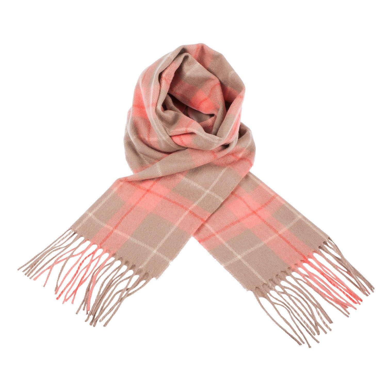Clanwool Men's Heivon Tattersall - Warm Taupe/Coral 100% Lambswool Tartan Scarf Classic Edinburgh Style Wool Scarf With Fringes – Essential Accessory